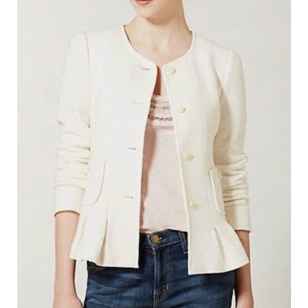 Anthro Elevenses Francie Peplum Blazer 4 Coquette Cream Wool Puff Sleeve Jacket